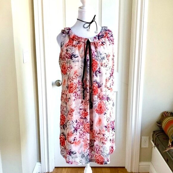 Retro Y2K Dress Floral Orange Multi with Peter Pan Collar & Black Velvet Tie (S) - Picture 2 of 9